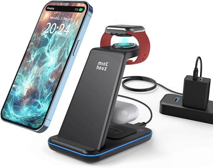Minthouz Wireless Charger 3 in 1 Fast Wireless Charging Station with 20W Adapter for Multiple Devices Apple Watch AirPods Wireless Charger Stand Compatible with iPhone 14/13/12/11 Series
