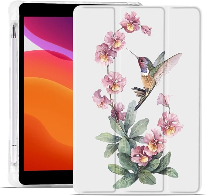 MAYCARI Hummingbird Flower Case foriPad Pro 12.9 Inch 2022/2021/2020 with Pencil Holder Lovely Animal iPad Pro 6th/5th/4th Generation Soft TPU Back Protective Case Auto Sleep/Wake Cover Slim Shell
