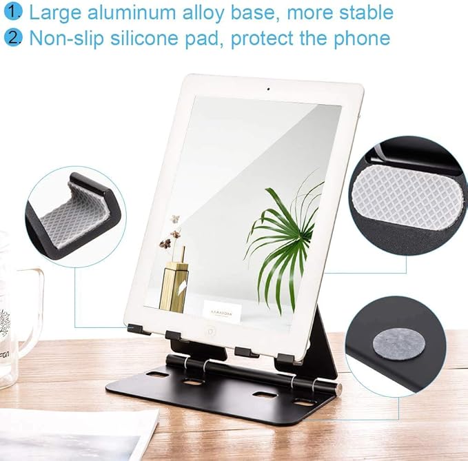 iAnder Aluminum Phone Stand Muti Functional Flat Phone Dual Bracket Adjustable Tablets Stand Compatible with iPhone iPad Smartphone and Tablet (Black)