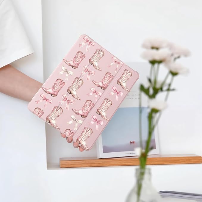 Cute Cowgirl Boots Pink Bow for iPad Air 11 Inch Case 7th/6th Generation (M3/M2) 2025/2024 with Pencil Holder Auto Sleep/Wake Pink Leather Soft TPU Back Cover