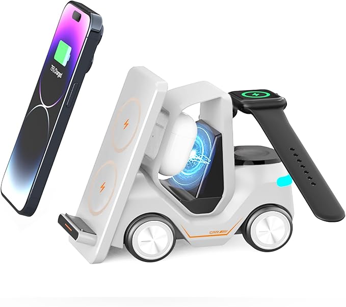 5-in-1 Wireless Charging Station Compatible with iPhone/Apple Watch/AirPods/Android Phones Fast Charging &amp Smart Protection All-in-One Desktop Portable Charger Dock (White)