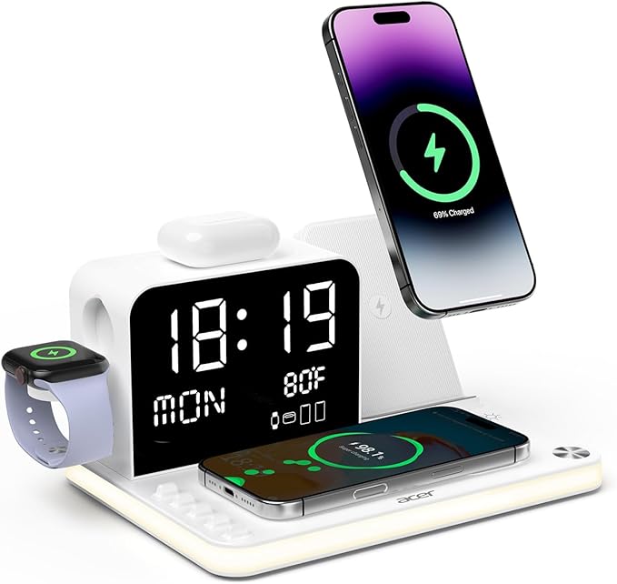 Acer 7-in-1 Wireless Charging Station with LED Clock - 30W Fast Wireless Charger for iPhone 16/15/14/13/12/Pro Max Apple Watch AirPods - Bluetooth Auto Time Sync &amp Night Lights (White)