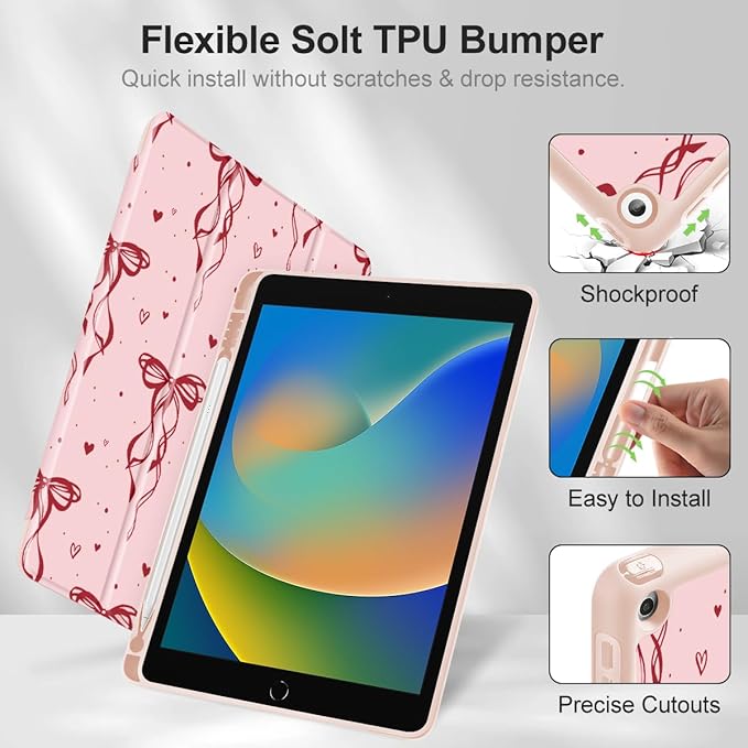 Mektron Designed Printed iPad 10.2 Case 9th Gen (2021)/ 8th Gen (2020)/ 7th Gen (2019) with Pencil Holder Slim Protective Case with Soft TPU Back Auto Wake/Sleep for iPad 10.2 Inch Layer Bows