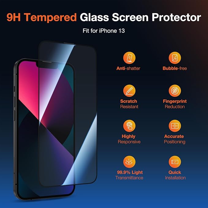 2 Pack Privacy Screen Protector for iPhone 13 9H+ Tempered Glass Anti Spy Private Film Easy Installation Auto Alignment Dust Removal Military-Grade Protection Bubble-Free