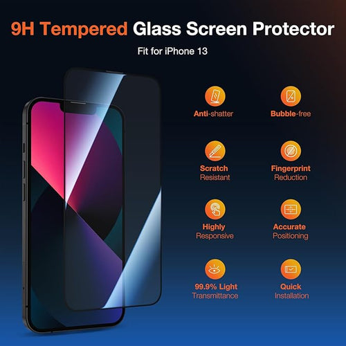 2 Pack Privacy Screen Protector for iPhone 13 9H+ Tempered Glass Anti Spy Private Film Easy Installation Auto Alignment Dust Removal Military-Grade Protection Bubble-Free
