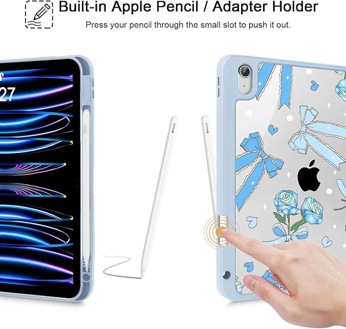 Tuiklol Case for iPad 11 inch (A16 Chip) 2025 Gen 11th / iPad 10.9 inch 2022 10th Gen Buit in Pencil Holder with Shockproof Cover Clear Transparent Back Shell Auto Wake/SleepBow &amp Rose Blue
