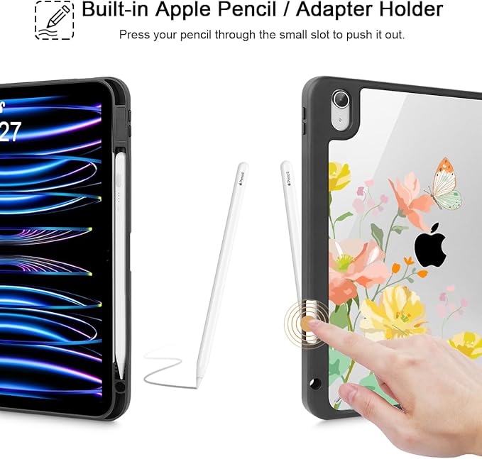 May Chen Case for iPad Air 13 Inch M4 2026 M3 2025 M2 2024 [Built-in Pencil Holder] Shockproof Cover with Clear Transparent Back Shell Auto Sleep/Wake Cover Butterfly Garden