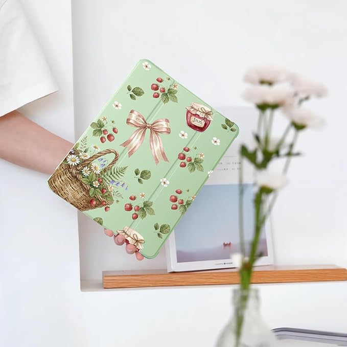 Cute Strawberry Bow for iPad Pro 11 Inch Case 4th/3rd/2nd Generation 2022/2021/2020 with Pencil Holder Auto Sleep/Wake Green Leather Soft TPU Back Cover
