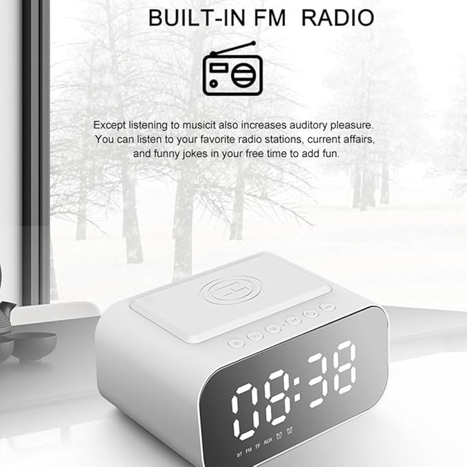 IHAO 7in1 Multifunctional Digital Alarm Clock with 15W Fast Wireless Charger Bluetooth Speaker LED Display Clock FM Radio TF Card AUX Input USB Port Dual Alarm for Bedroom and Office-BT510 White