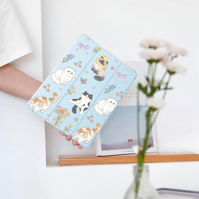Cue Kawaii Kitten Cat Flower for iPad Pro 13 Inch Case (M5/M4) 2025/2024 with Pencil Holder Auto Sleep/Wake Blue Leather Soft TPU Back Cover