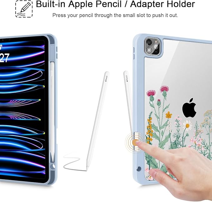 May Chen for iPad Pro 11 inch M2 4th Generation 2022 iPad Pro 11 3rd/2nd/1st Gen Case with Transparent Shockproof Back Cover [Built-in Pencil Holder Auto Sleep/Wake Herbs Flowers