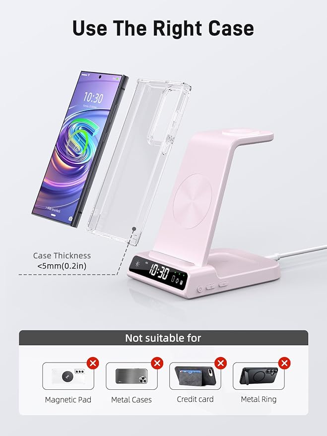 Wireless Charger Samsung Charging Station: 3 in 1 Android Charging Stand with Dimmable Clock - Nightstand Organizer for Galaxy S25 Ultra S24 Galaxy Watch 8 7 6 5 4 Galaxy Buds Space-Saving Charger