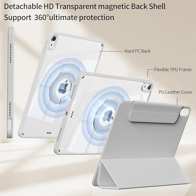 KENKE Magnetic Case for iPad A16 11th/10th Generation (11/10.9 Inch 2025/2022) with Pencil Holder Magnetic Detachable Hybrid Stand Clear Hard PC Back Shell Portrait/Landscape Angle Gray