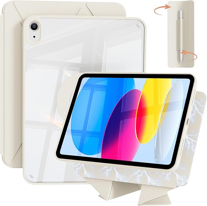 for iPad A16 Case 11th Generation 11 Inch 2025 for iPad 10th Generation Case 10.9 Inch 2022 with Pencil Holder Folio Stand Cover Clear Back Magnetic Attachment Multi Angles Cream White