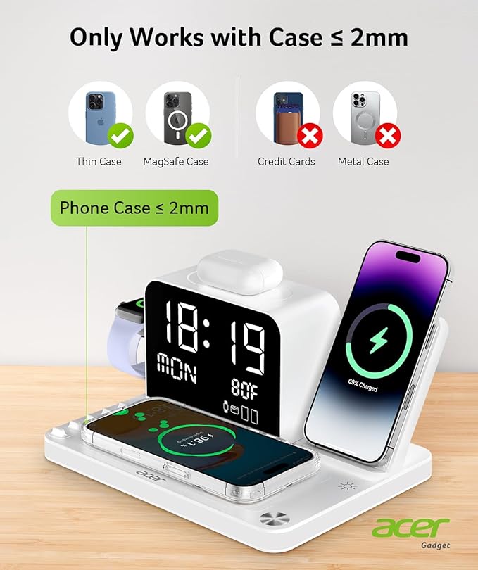 Acer 7-in-1 Wireless Charging Station with LED Clock - 30W Fast Wireless Charger for iPhone 16/15/14/13/12/Pro Max Apple Watch AirPods - Bluetooth Auto Time Sync &amp Night Lights (White)