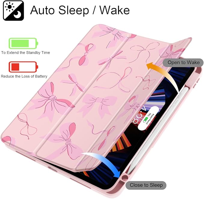 May Chen Case for iPad Pro 11-Inch M5/M4 2025/2024 (6th/5th Generation) Clear Transparent Print Back Shell Slim Stand Shockproof Tablet Cover Auto Wake/Sleep Pink Bows P631