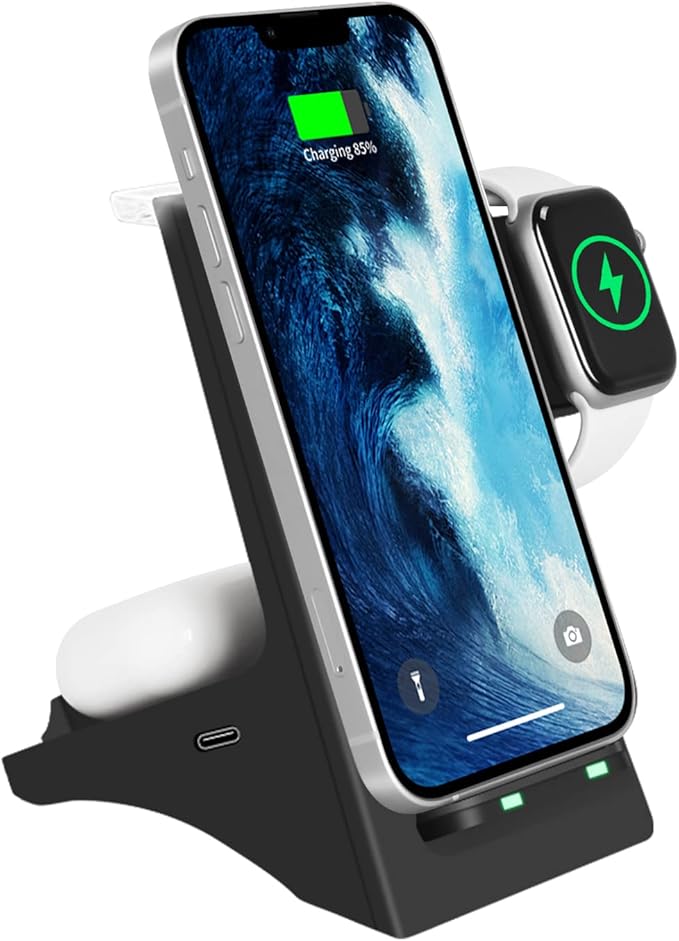 Wireless Charger 3 in 1 Wireless Fast Charging Stand Dock for Apple Watch 6/5/4/3/2 Airpods 2/Pro iPhone 13/13 Pro/13 Pro Max /12/11/Pro/Pro Max/X/Xr and Other Qi-Certified Phones-Black