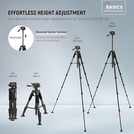 NEEWER BASICS Camera Tripod 71'' Tripod with Cell Phone Holder Mount Compatible with iPhone for Video Recording Professional Aluminum Lightweight Portable Travel Stand with 3 Way Pan Tilt Head TP55