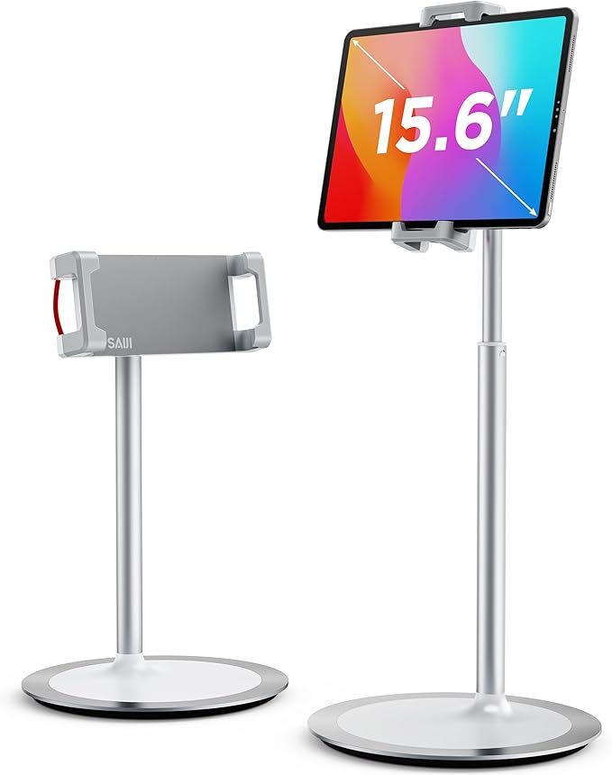 SAIJI Tablet Stand Holder Extra-Height Adjustable Kindle Stand 360 Degree Rotating iPad Holder Aluminum Alloy Cradle Mount Dock for 4.7-15.6 iPhone Samsung Tablets Portable Monitor (Silver)