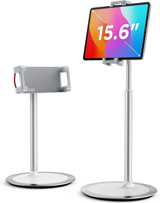 SAIJI Tablet Stand Holder Extra-Height Adjustable Kindle Stand 360 Degree Rotating iPad Holder Aluminum Alloy Cradle Mount Dock for 4.7-15.6 iPhone Samsung Tablets Portable Monitor (Silver)