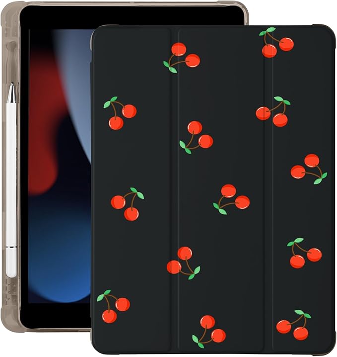 Cute Kawaii Cherry for iPad Pro 11 Inch Case 4th/3rd/2nd Generation 2022/2021/2020 with Pencil Holder Auto Sleep/Wake Black Leather Soft TPU Back Cover