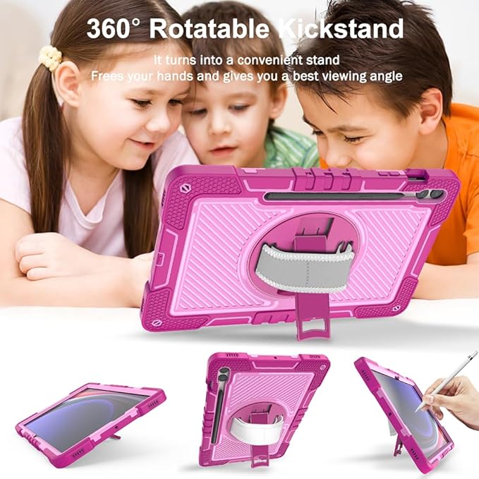 Shockproof Case for Samsung Galaxy Tab S10 Plus/S9+/S9 FE+ 12.4 Tablet Cover with Shoulder+Hand Strap Techcircle Heavy Duty Rotating Kickstand Rugged Defender Case Rose+Pink