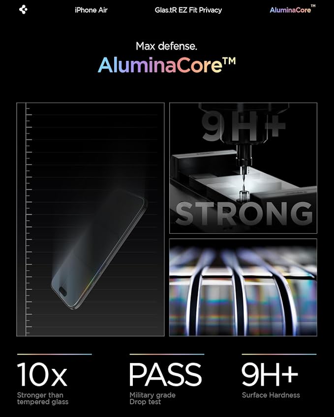 Spigen AluminaCore Tempered Glass Screen Protector [Glas.tR EZ Fit - Privacy] designed for iPhone Air [2 Pack] 9H+ Hardness Aluminum-Enhanced Durability