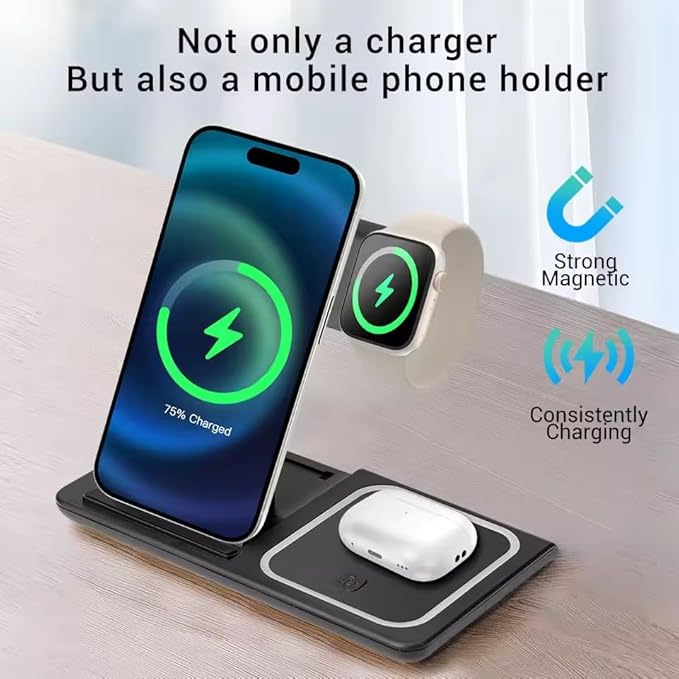 3 in 1 Wireless Charging Station Compatible with iPhone Samsung and AirPods – Foldable Wireless Charger Stand for Smart Watch – Desk &amp Travel Charging Dock
