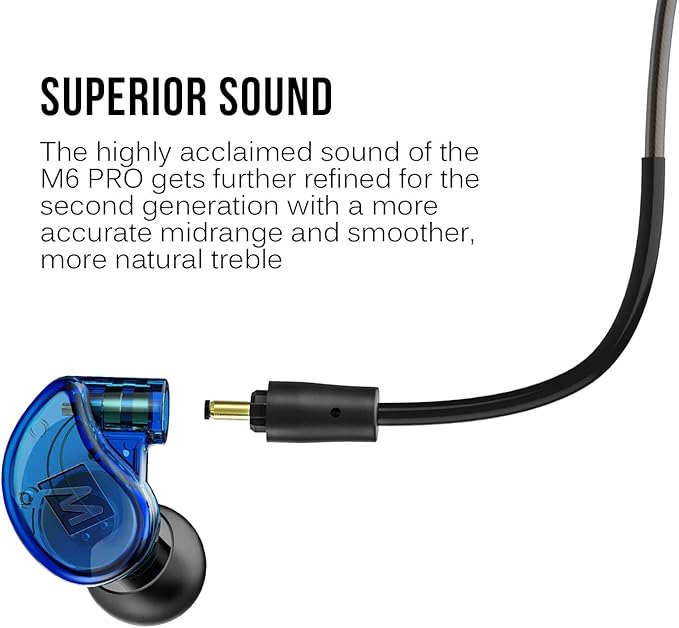 MEE audio M6 PRO In Ear Monitor Headphones for Musicians 2nd Gen Model With Upgraded Sound Memory Wire Earhooks &amp Replaceable Cables Noise Isolating Professional Earbuds 2 Cords Included (Blue