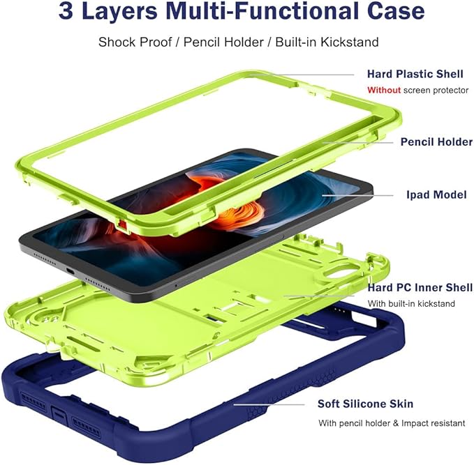 MAKEIT Case for iPad mini 7 (A17 Pro) 2024 iPad mini 6 Case (8.3-Inch2021 Model) with Pencil Holder Heavy Duty Shockproof Full Body Protective Case with Stand for iPad mini 6th/7th Generation Case