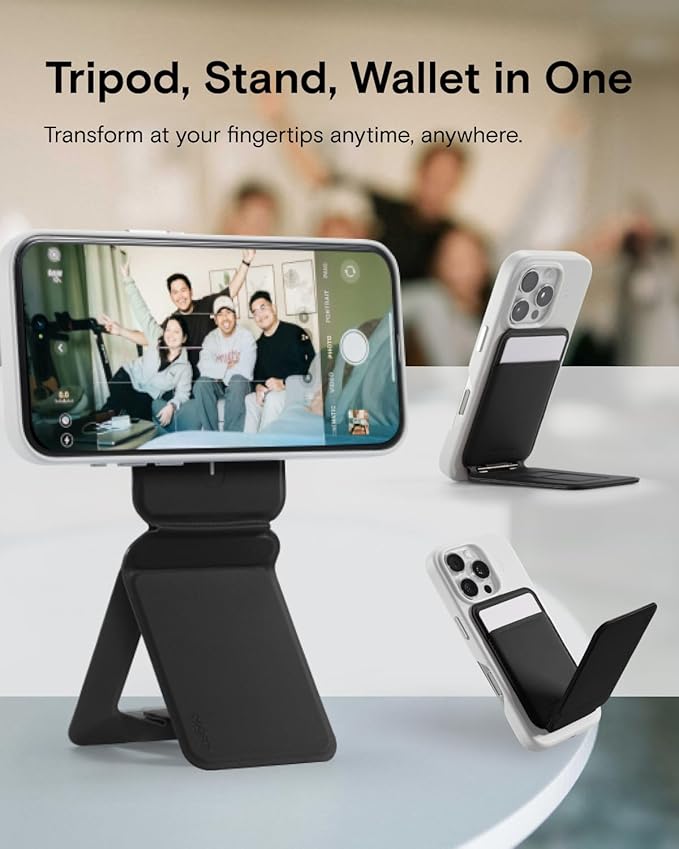 MOFT Phone Tripod Wallet 3 in 1 Phone Stand Magnetic Wallet NFC-Supported Magnetic Phone Stand MOVAS Vegan Leather Adjustable Card Holder-Jet Black