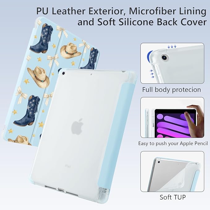 Bow Cowboy Boots Hat for iPad Air5/Air4 Case with Pencil Holder Auto Sleep/Wake Blue Leather Soft TPU Back Cover for iPad 10.9 Inch 2022/2020