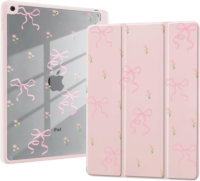Pink Ribbon Bow Case for iPad A16 11th Generation 2025 11 / iPad 10th Generation 2022 10.9 with Pencil Holder Flower Girly Pink Leather Clear Back Shell Foldable Protective Cover