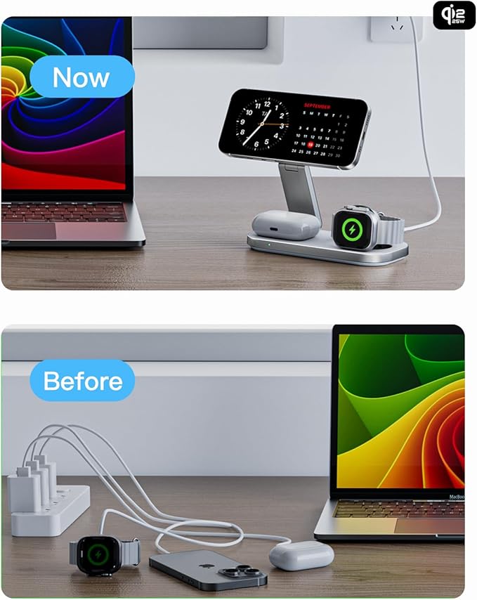 3-in-1 Charging Station for Apple Device Qi2 25W Certified Magnetic Wireless Foldable Fast Charger Stand Compatible with MagSafe for iPhone 17e/17/16/15/14/13/12/Air Series Apple Watch &amp AirPods