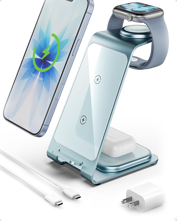 Intoval 3 in 1 Wireless Charging Station for iPhone 17 16 15 14 13 12 11 Pro Max X XS XR Aluminum Unibody Wireless Charger for Apple Watch 11 10 9 8 7 Ultra SE 3 2 for AirPods 4 Pro 2 3 (Blue)