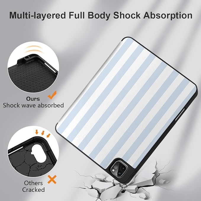DONGKE Case for iPad Pro 12.9 inch 6th Generation 2022 Built-in Pencil Holder + Trifold Stand + Auto Wake/Sleep + Protective Cover for iPad Pro 12.9 5th/4th/3rd Gen- Blue Stripes