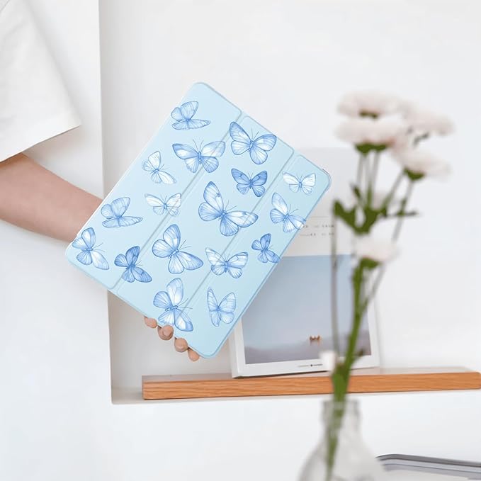 Cute Y2K Blue Butterfly for iPad Air 13 Inch Case M3 2025/M2 2024 with Pencil Holder Auto Sleep/Wake Blue Leather Soft TPU Back Cover