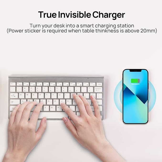 KPON Invisible Wireless Charger30mm Under Desk Charger Mat Furniture Table Nightstand Desktop Charging Station for iPhone17/16/15/14/13/12/Samsung/LG/Google Pixel Desk Essentials(with QC Adapter)