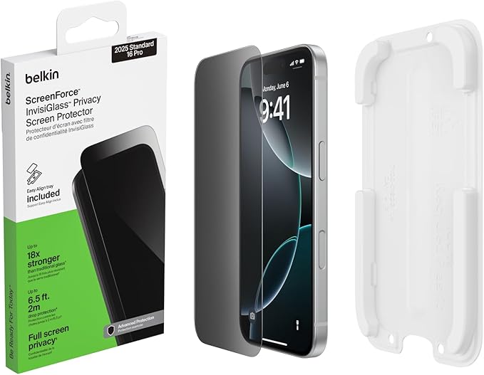 Belkin ScreenForce InvisiGlass Privacy Screen Protector for iPhone 17/16 Pro Scratch-Resistant Impact Protection w/Included Easy Align Tray for Bubble Free Application - Made with Recycled Glass