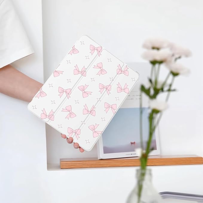 Cute Kawaii Pink Bow for iPad 7th/8th/9th Generation Case with Pencil Holder Auto Sleep/Wake White Leather Soft TPU Back Cover for iPad 10.2 Inch 2019/2020/2021