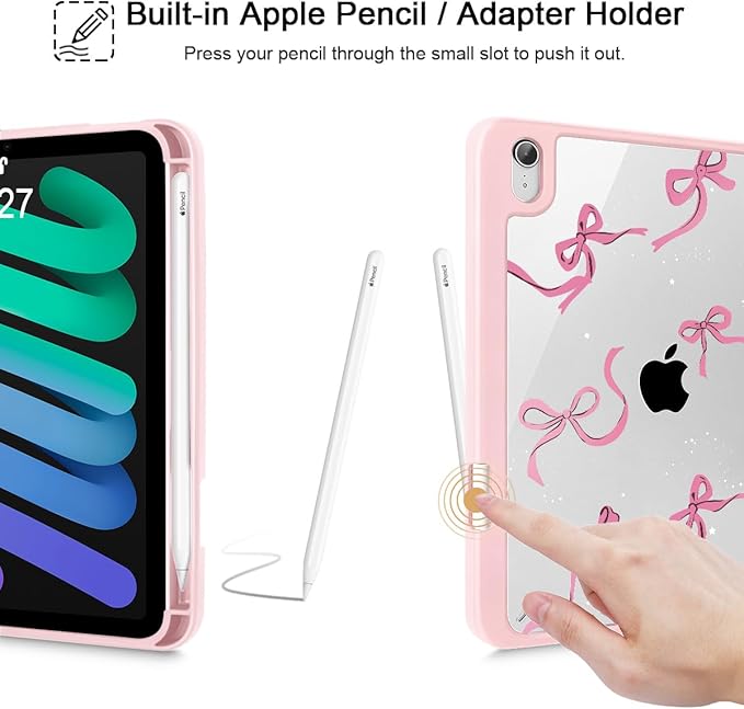 May Chen Slim Case for iPad mini 7 (A17 Pro 7th Generation) 2024 / iPad mini 6 (6th Gen) 8.3 Inch [Built-in Pencil Holder] Shockproof Cover Clear Clear Back Shell Auto Wake/Sleep Pink Stars Bow