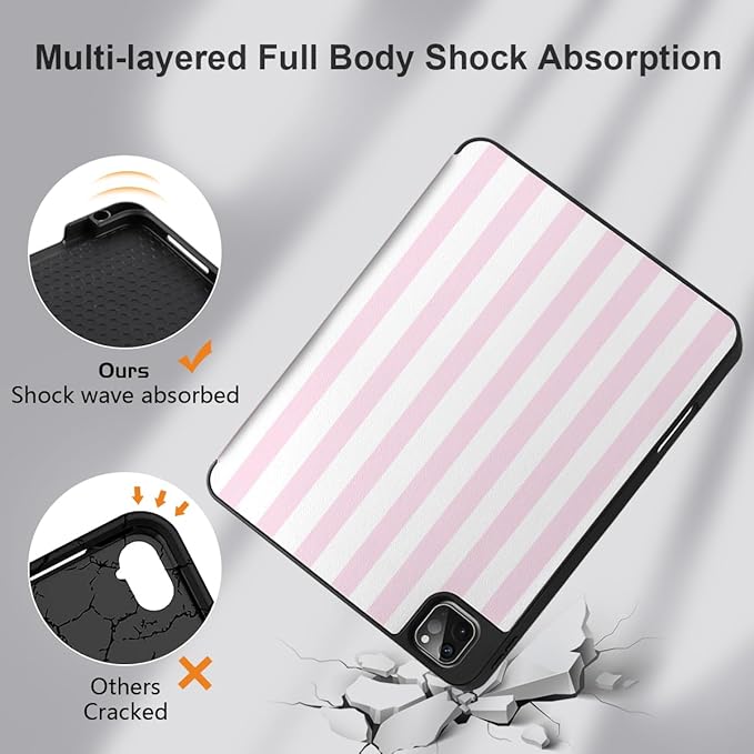DONGKE Case for 2022/2021/2020/2018 iPad Pro 11 inch Gen 4/3/2/1 - Slim Protective Case - Built in Pencil Holder Support Charging - Trifold Stand &amp Sleep/Wake Cover- Pink Stripes
