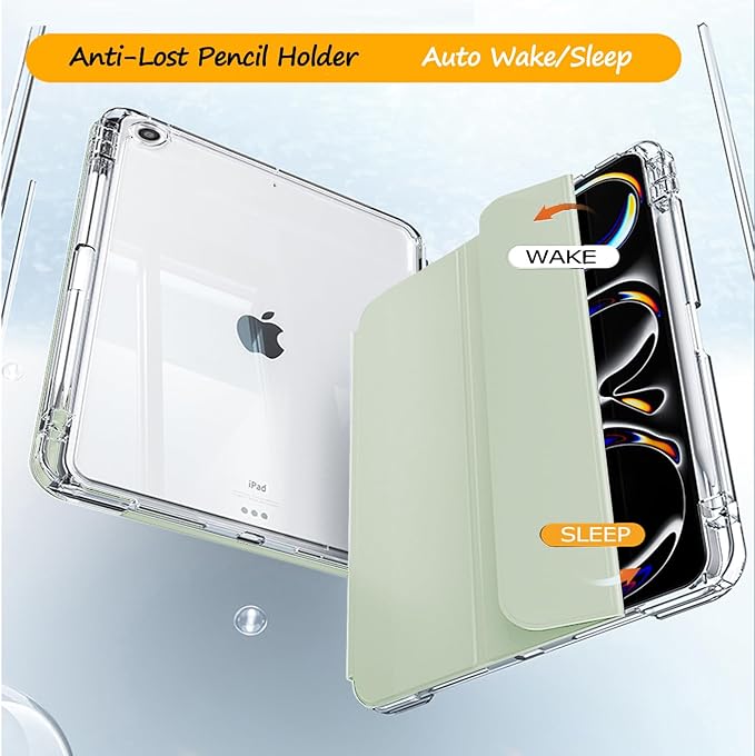Slim Case For iPad 9th/8th/7th Generation 2021/2020/2019 (10.2 inch) Leather Case with Pencil Holder Slide Detachable Magnetic Trifold Stand Shockproof Protective Cute Clear Back Cover (Light Green)
