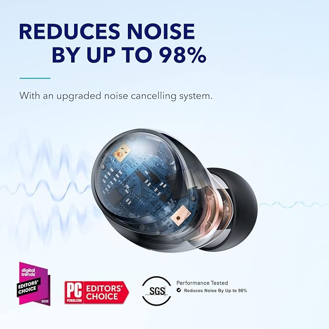 Soundcore by Anker Space A40 Adaptive Active Noise Cancelling Wireless Earbuds Reduce Noise by Up to 98% Ultra Long 50H Playtime 10H Single Playtime Hi-Res Sound Comfortable Fit Wireless Charge
