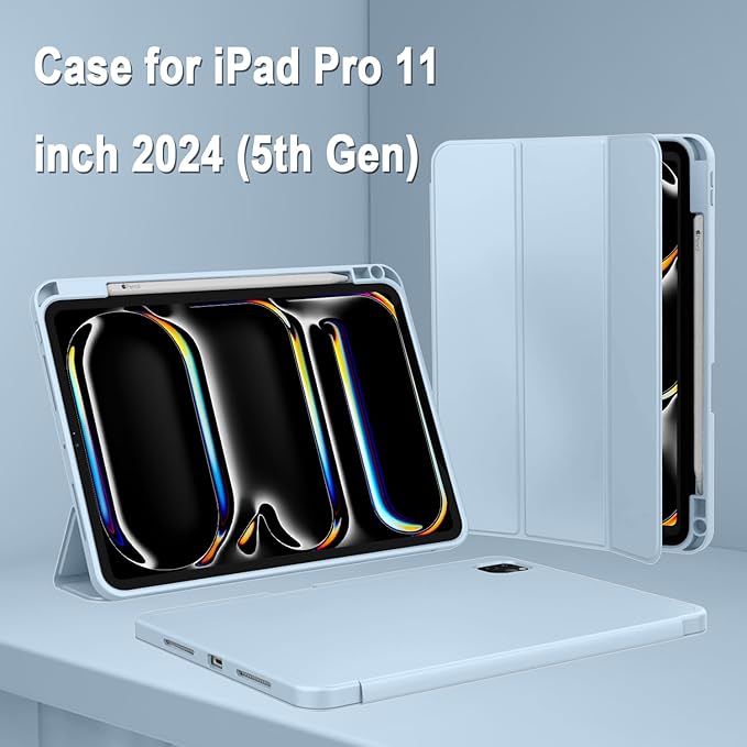 ZryXal iPad Pro 11 Inch Case (M5) 2025/ (M4) 2024 (Model: A2836/A2837/A3006) Trifold Stand Smart Cover with Pencil Holder and Soft TPU Back Auto Wake/Sleep (Sky Blue)