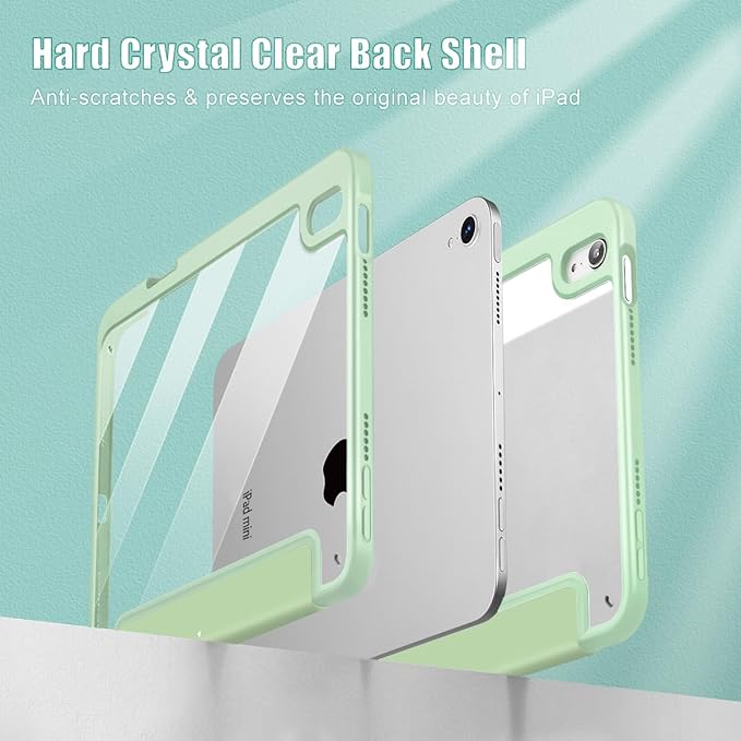 May Chen Slim Case for iPad mini 7 (A17 Pro 7th Generation) 2024 / iPad mini 6 (6th Gen) 8.3 Inch [Built-in Pencil Holder] Shockproof Cover Clear Clear Back Shell Auto Wake/Sleep Green Stars Bow