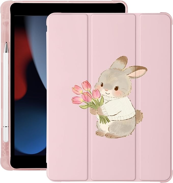 Cute Kawaii Bunny Flower for iPad 7th/8th/9th Generation Case with Pencil Holder Auto Sleep/Wake Pink Leather Soft TPU Back Cover for iPad 10.2 Inch 2019/2020/2021