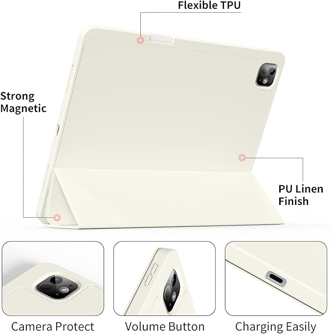 for iPad Pro 12.9 Case (6th/5th/4th/3rd Generation 2022/2021/2020) &amp ipad Air 13 inch case (M3 2025/M2 2024) with Pencil Holder Smart Slim Trifold Stand Case with Soft TPU Back (Cream White)