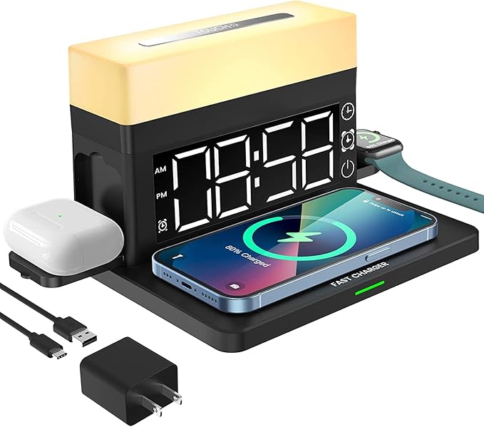 YTFGGY 3 in 1 Wireless Charging Station with Alarm ClockNight Light18W Fast Charger Wireless Charger Compatible with iPhone 14/13/12/11/XS/8 Samsung Galaxy AirPods Apple Watch(with Adapter) (Black)