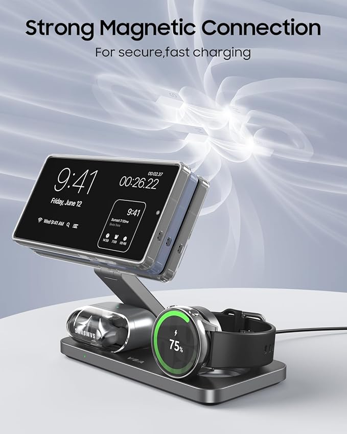 3 in 1 Foldable Magnetic Wireless Charging Station for Samsung Wireless Charger Stand for Galaxy S26 Ultra S25/S24 /Note 20/Flip 7/Fold 7 for Galaxy Watch Ultra/8/7/6Galaxy Buds 3/3 Pro
